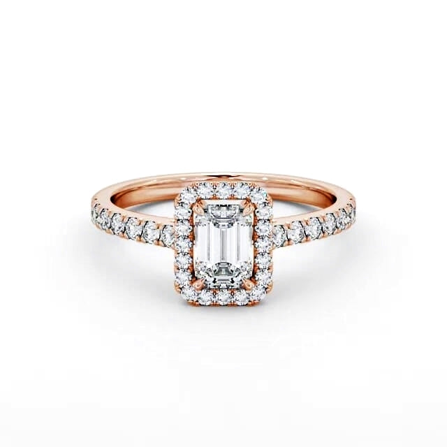 Emerald cut lab-grown diamond halo ring in rose gold
