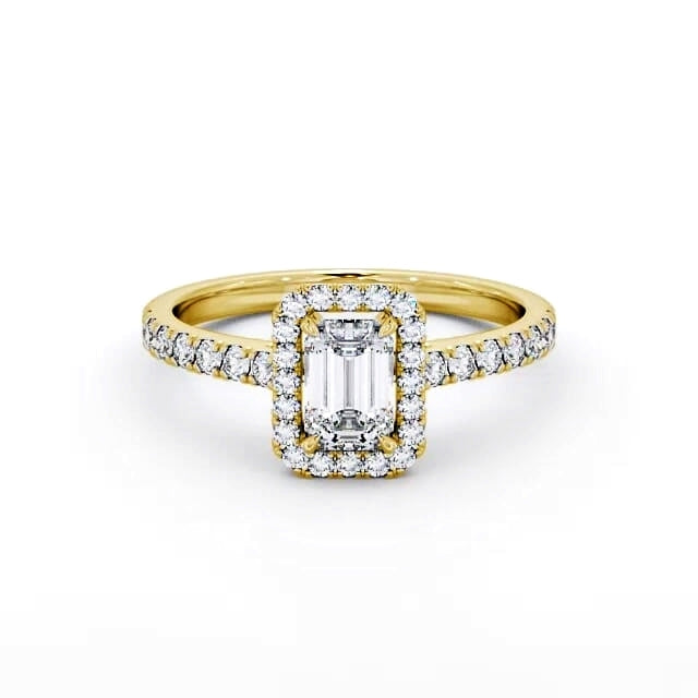 Emerald cut lab-grown diamond halo ring in Yellow gold