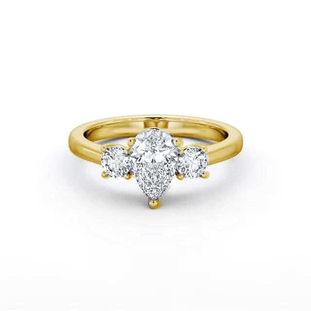 Trilogy ring with pear and round cut lab-grown diamonds in yellow gold