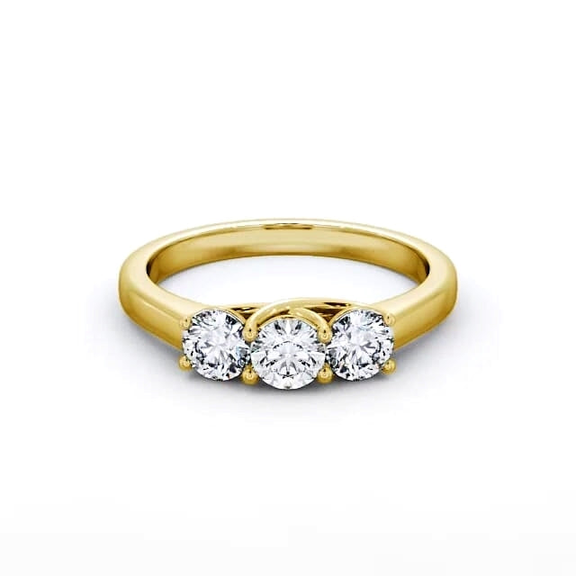 Round cut lab-grown diamond trilogy engagement ring in yellow gold