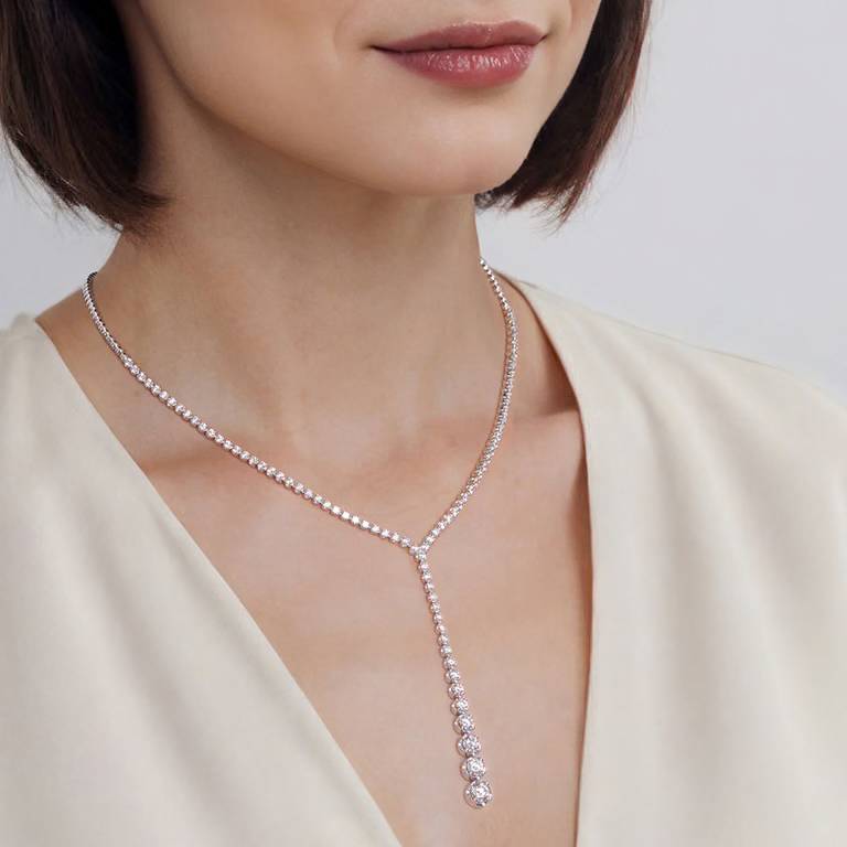 Diamond Drop Y Necklace – Graduated Tennis Lariat, 18K Gold