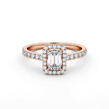 Emerald cut lab-grown diamond halo ring in rose gold