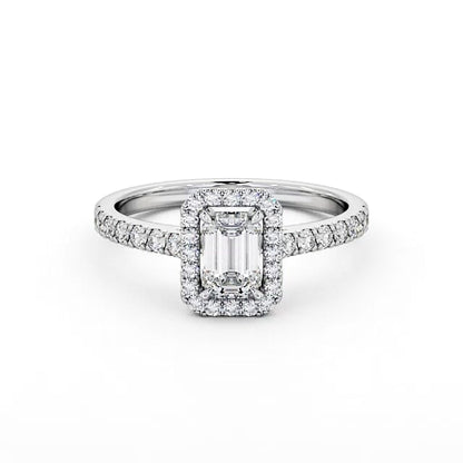 Emerald cut lab-grown diamond halo ring in White gold