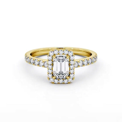 Emerald cut lab-grown diamond halo ring in Yellow gold