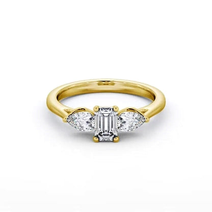 Emerald and pear Trilogy lab grown Diamond ring in Yellow gold 