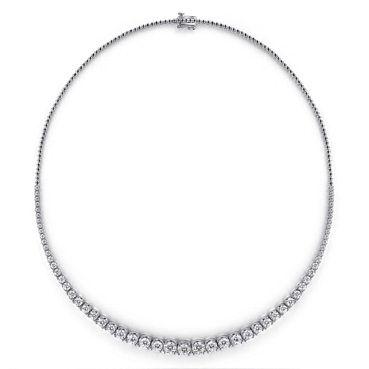 Graduated diamond tennis necklace box clasp detail, 18K gold, handmade in Dubai