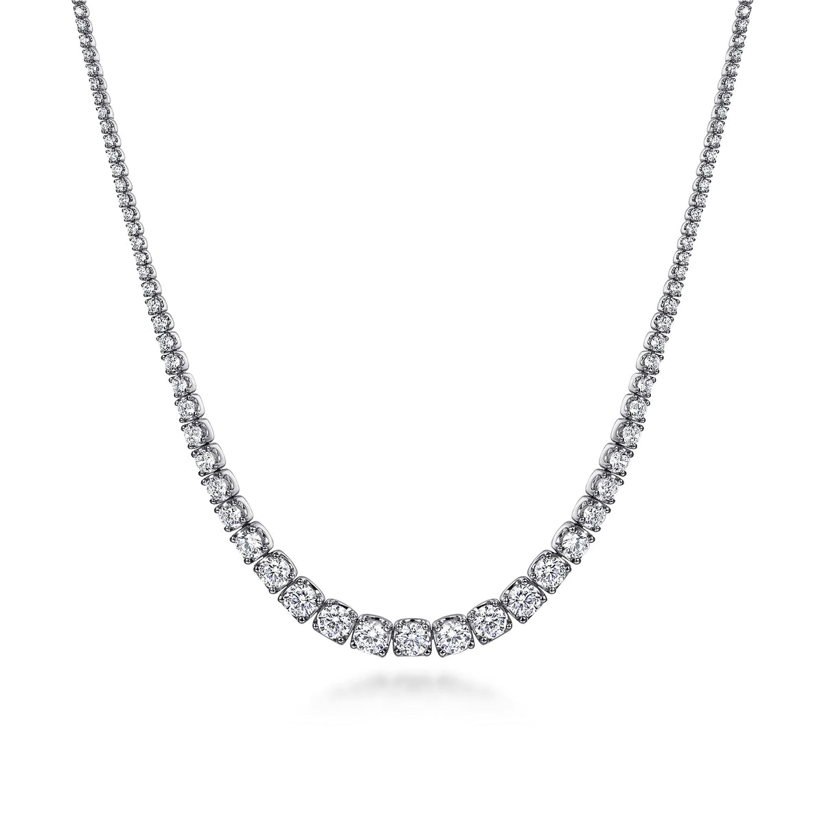 Half graduated tennis necklace worn on neck, 40 cm 18K gold diamond necklace UAE