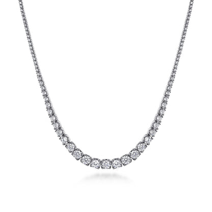 Half graduated tennis necklace worn on neck, 40 cm 18K gold diamond necklace UAE