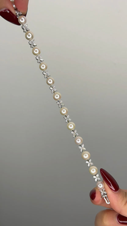 Floral Diamond & Freshwater Pearl Tennis Bracelet