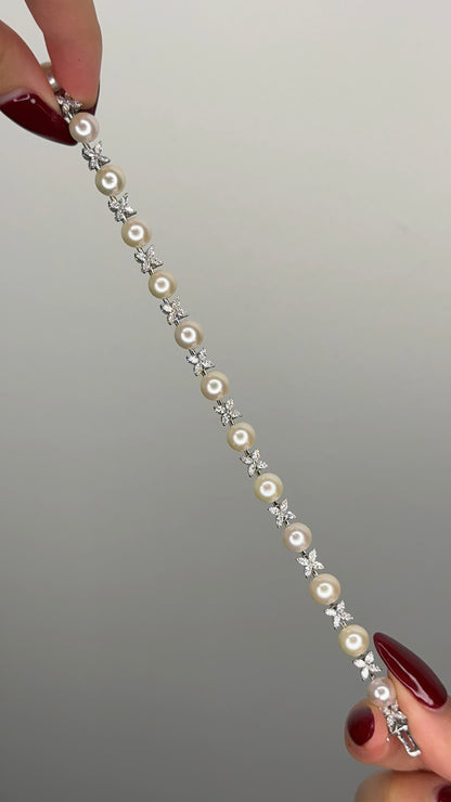 Floral Diamond & Freshwater Pearl Tennis Bracelet