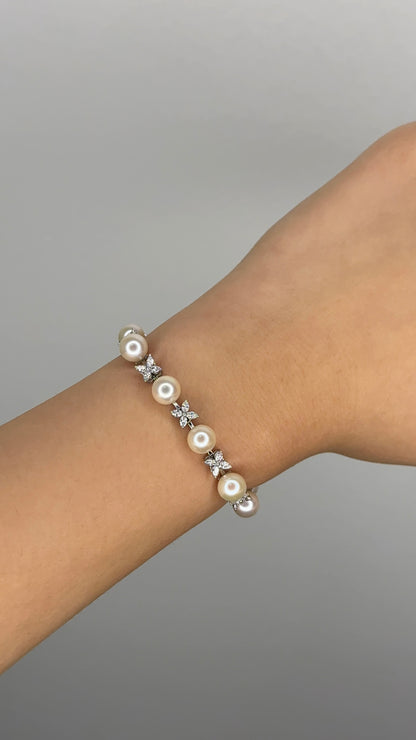 Floral Diamond & Freshwater Pearl Tennis Bracelet