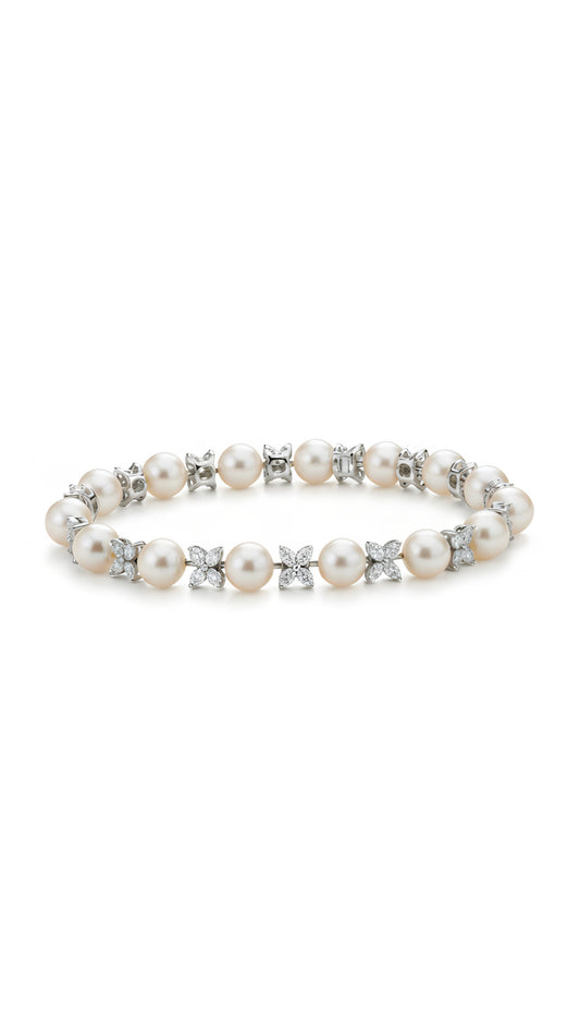 Floral Diamond & Freshwater Pearl Tennis Bracelet