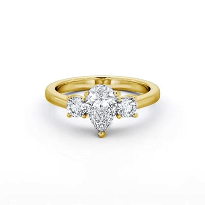Trilogy ring with pear and round cut lab-grown diamonds in yellow gold