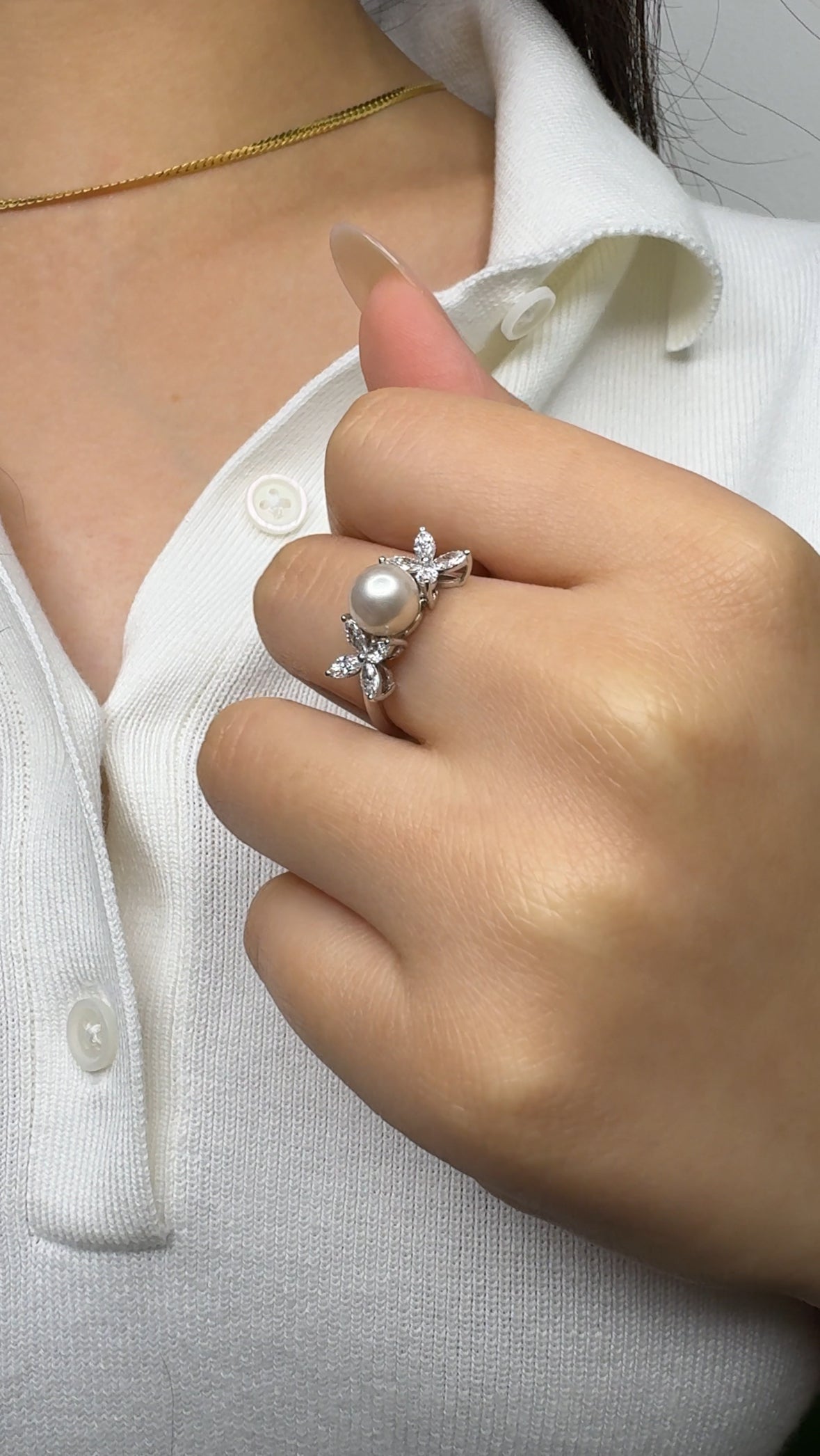 Fresh Water pearl and marquise diamond ring 