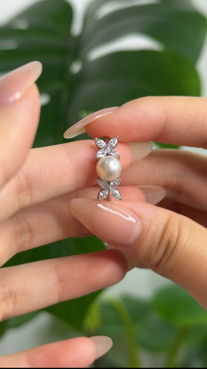 Fresh Water pearl and marquise diamond ring  floral design 