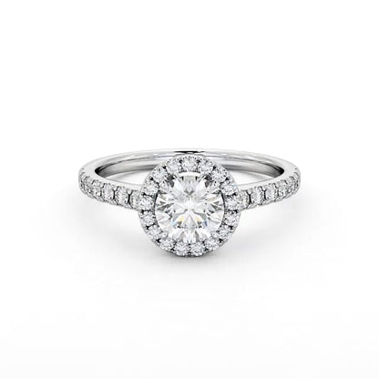 Elegant round cut lab-grown diamond halo ring set in white gold