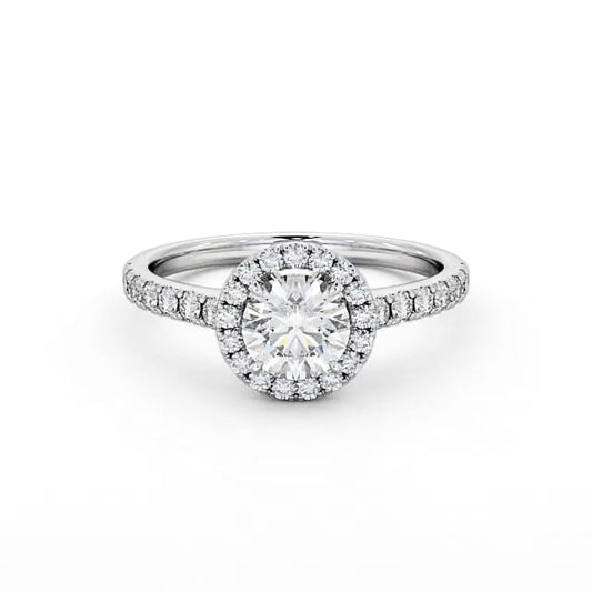 Elegant round cut lab-grown diamond halo ring set in white gold