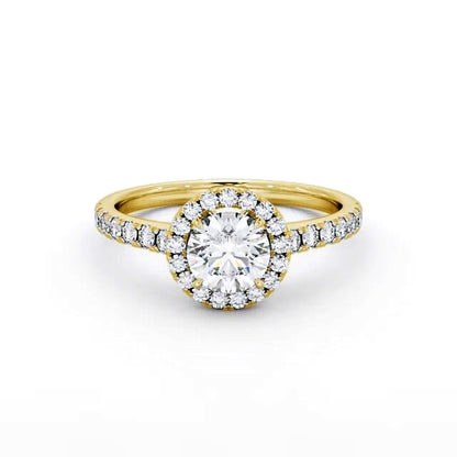 Round cut lab-grown diamond halo ring in Yellow gold