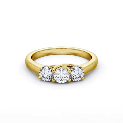 Round cut lab-grown diamond trilogy engagement ring in yellow gold