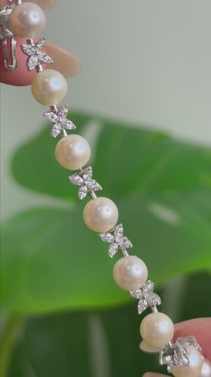 Floral Diamond & Freshwater Pearl Tennis Bracelet