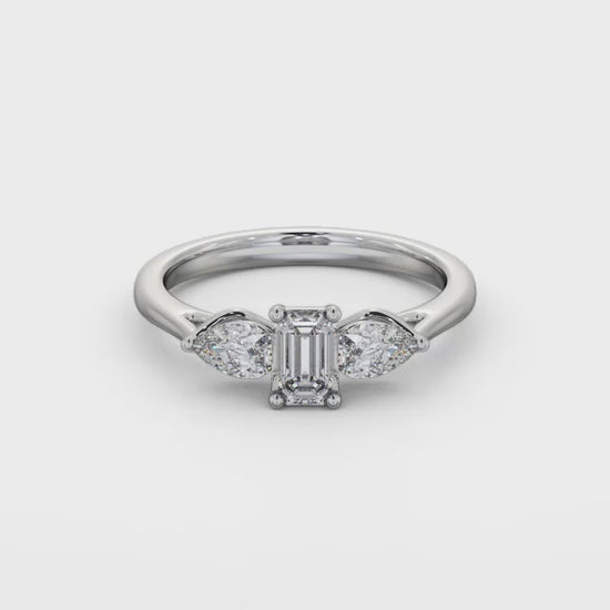 Emerald and pear Trilogy lab grown Diamond ring in white gold 
