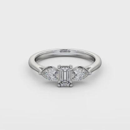 Emerald and pear Trilogy lab grown Diamond ring in white gold 